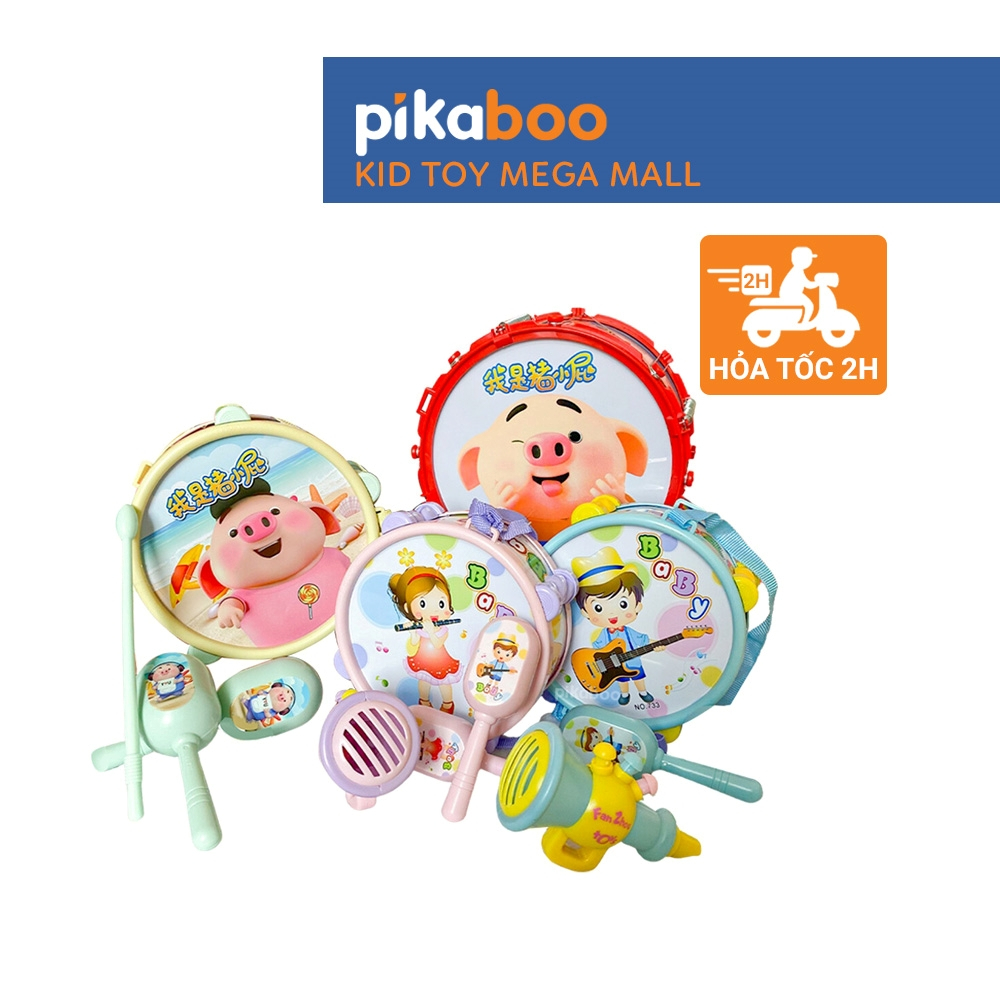 Bộ đồ chơi trống kèn Pikaboo có mẫu kèm xúc xắc, kèn, âm vang tốt, chất liệu nhựa bền đẹp an toàn