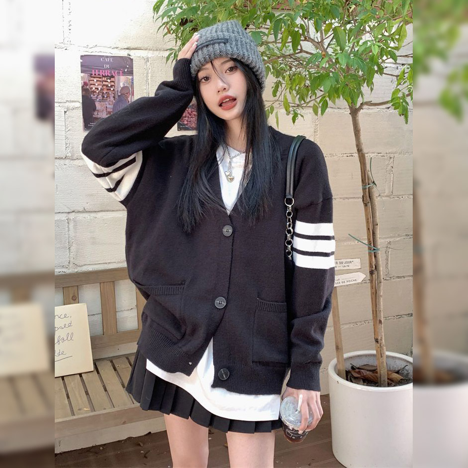 Áo Khoác Cardigan Len Nữ CHERISH Tay Dài Dáng Rộng, Áo Cardigan Cổ V Tay Phối Sọc 2 Bên CD09