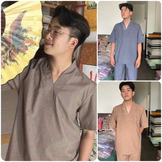 Đồ lam đi chùa nam chất vải tixi thêu chữ tâm Thiên Di - Pháp phục đi chùa nam cao cấp dành cho phật tử D38