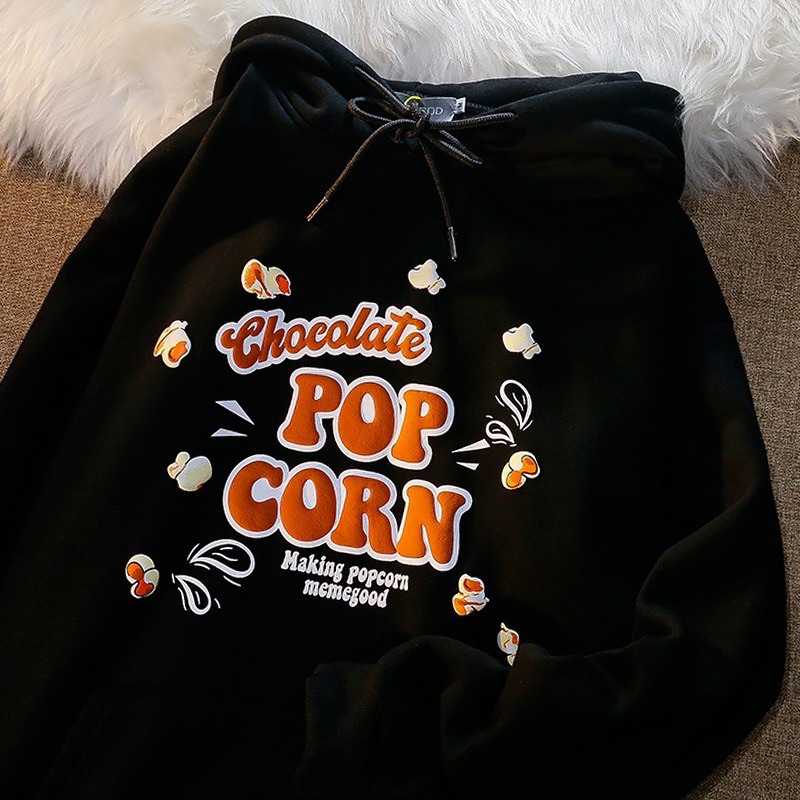 Áo nỉ cotton Nam nữ mũ 2 lớp POPCORN in nổi