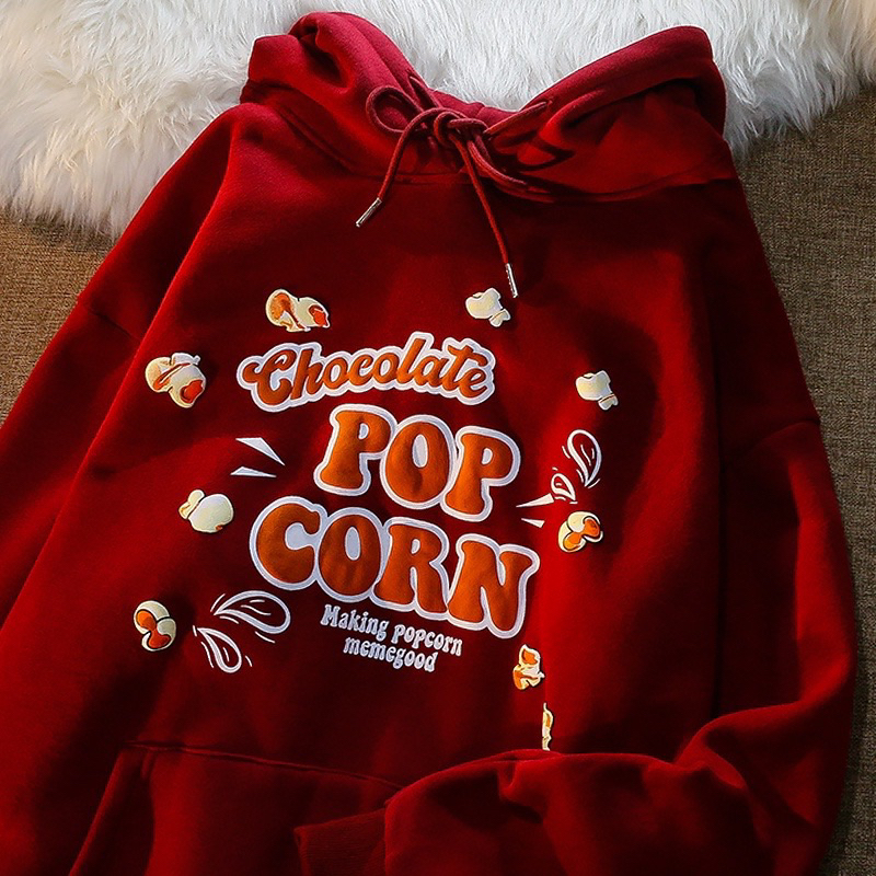 Áo nỉ cotton Nam nữ mũ 2 lớp POPCORN in nổi