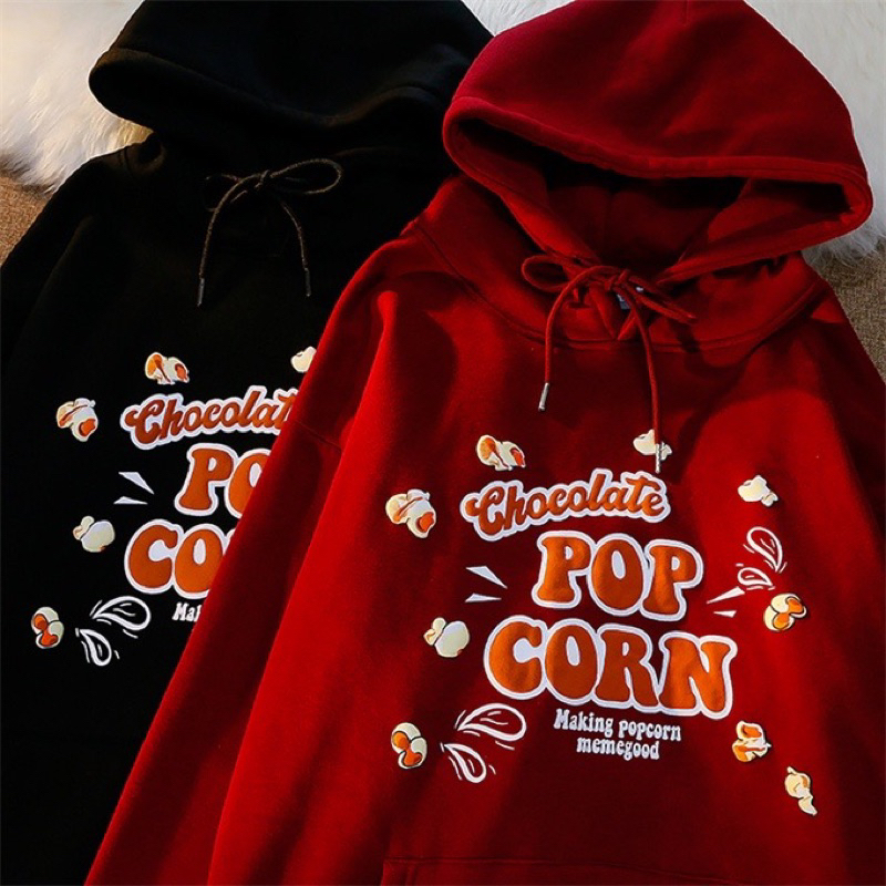 Áo nỉ cotton Nam nữ mũ 2 lớp POPCORN in nổi