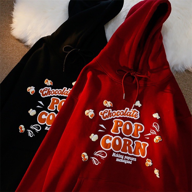 Áo nỉ cotton Nam nữ mũ 2 lớp POPCORN in nổi
