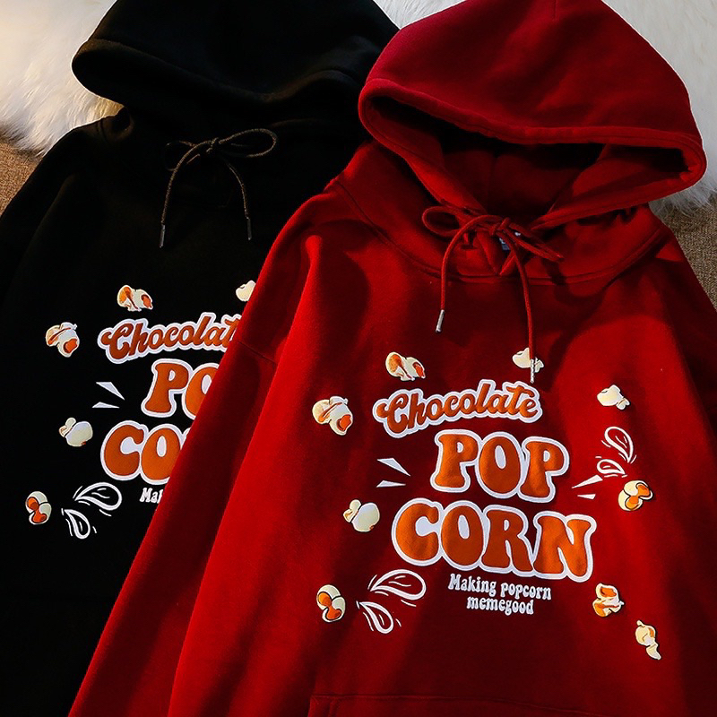 Áo nỉ cotton Nam nữ mũ 2 lớp POPCORN in nổi