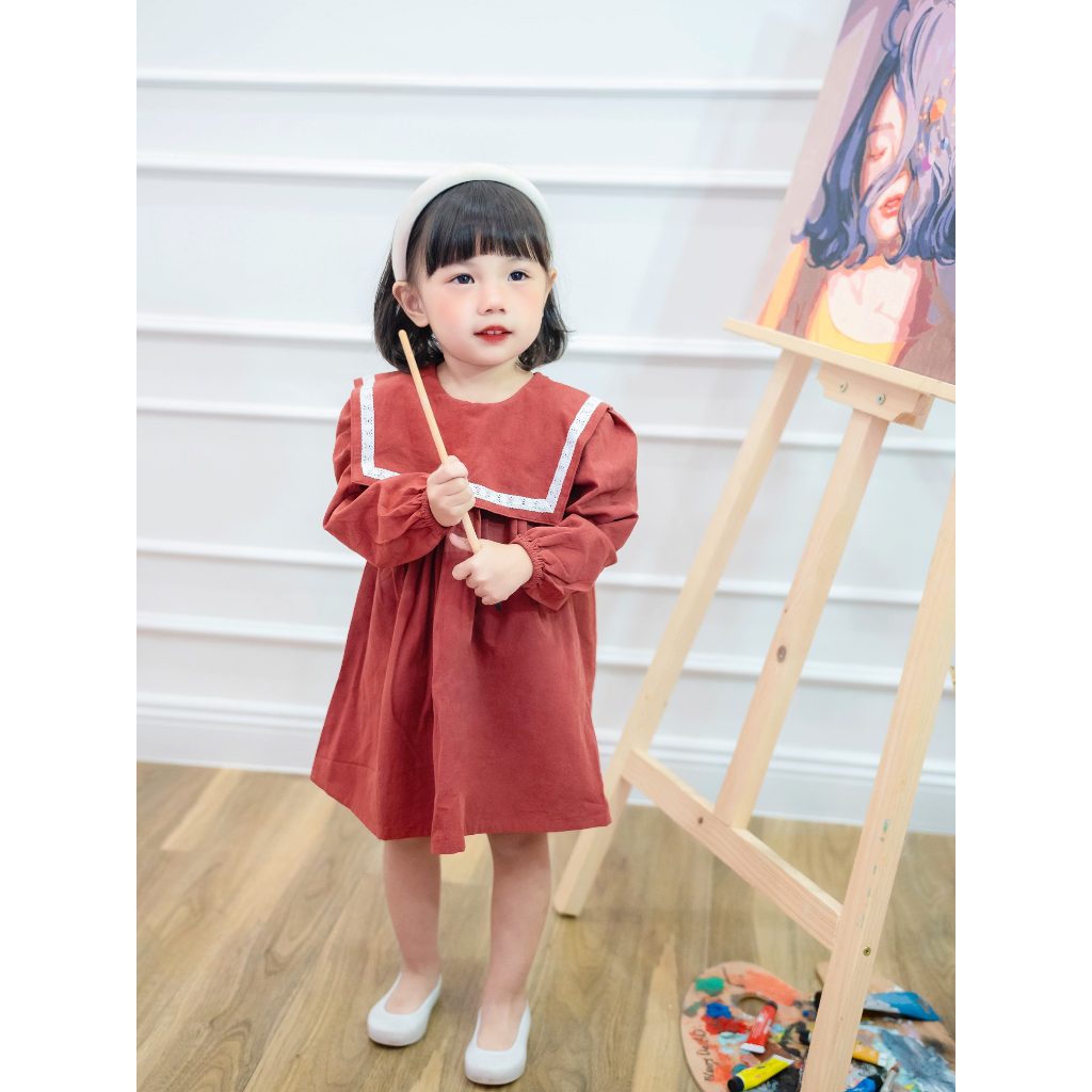 Váy Bé Gái Thu Đông Dài Tay Cổ Vuông Chất Thô Cotton Màu Vintage, Váy Hoa Công Chúa - DRC022 - SAOLA CLOTHING