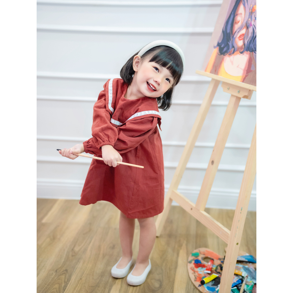 Váy Bé Gái Thu Đông Dài Tay Cổ Vuông Chất Thô Cotton Màu Vintage, Váy Hoa Công Chúa - DRC022 - SAOLA CLOTHING