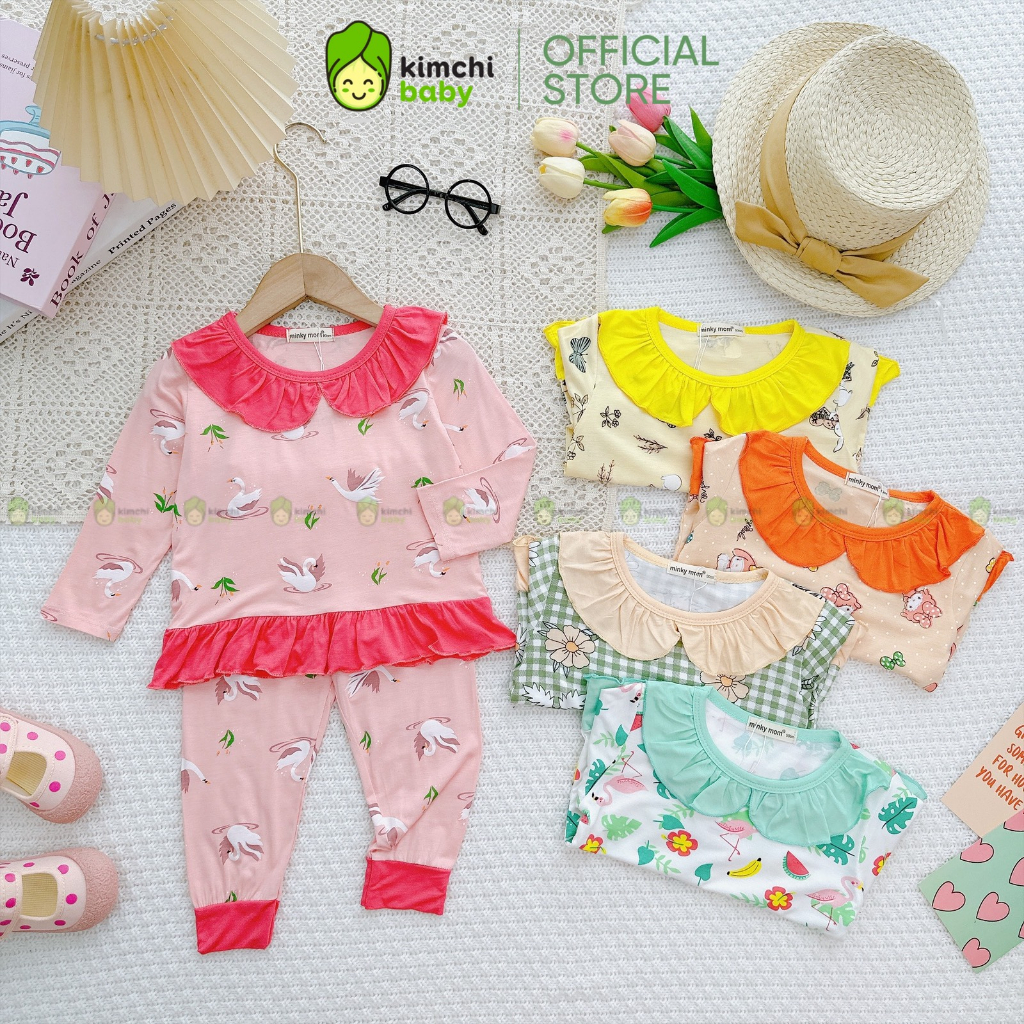 Đồ Bộ Dài Tay Cho Bé Gái MinkyMom Vải Thun Lạnh Hoạ Tiết Hoa Nhí Cổ Bèo Nhún, Bộ Quần Áo Cho Bé Mặc Nhà MKMTD306