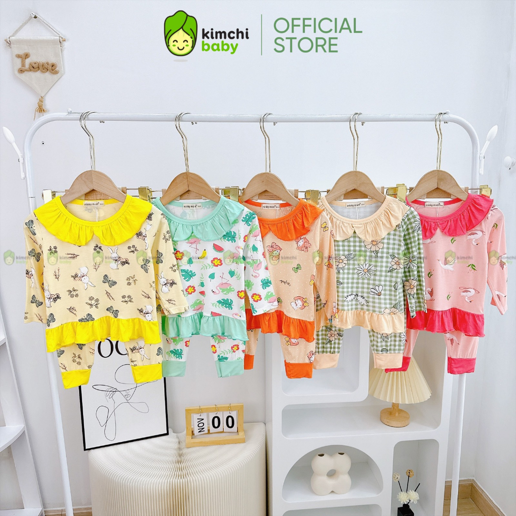 Đồ Bộ Dài Tay Cho Bé Gái MinkyMom Vải Thun Lạnh Hoạ Tiết Hoa Nhí Cổ Bèo Nhún, Bộ Quần Áo Cho Bé Mặc Nhà MKMTD306