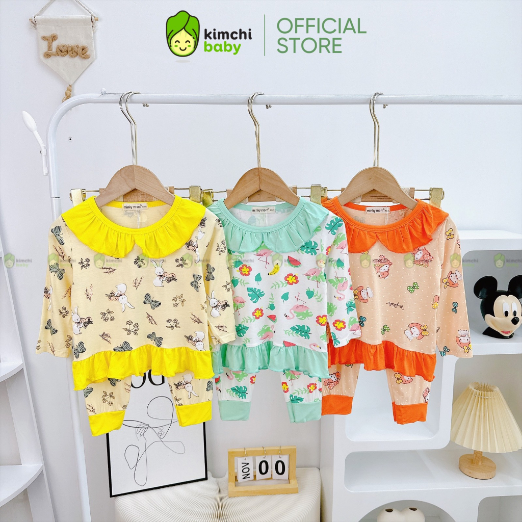 Đồ Bộ Dài Tay Cho Bé Gái MinkyMom Vải Thun Lạnh Hoạ Tiết Hoa Nhí Cổ Bèo Nhún, Bộ Quần Áo Cho Bé Mặc Nhà MKMTD306