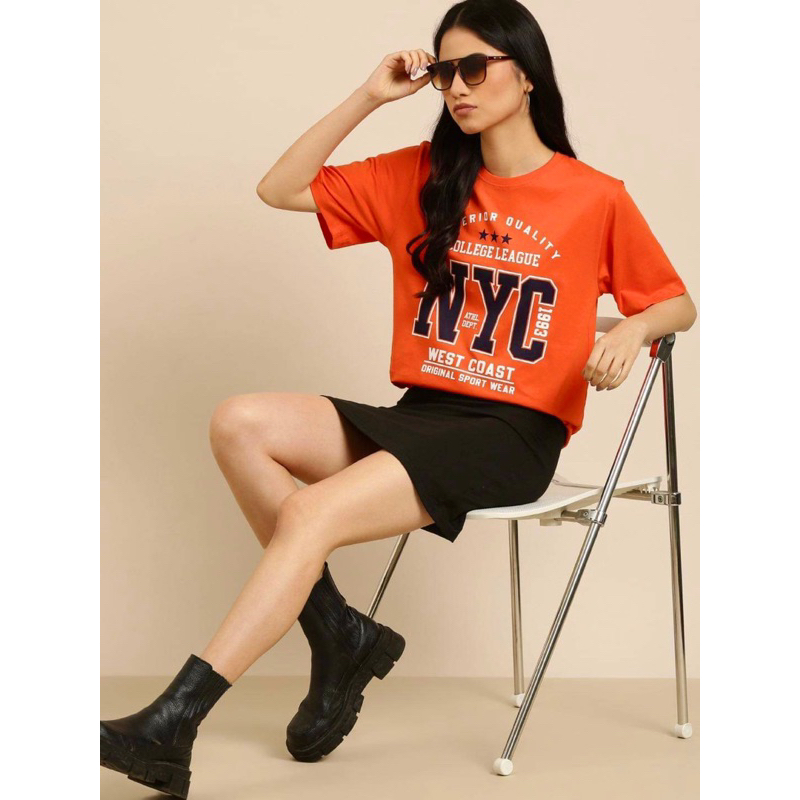 Áo cánh dơi form rộng thun PC cam in NYC