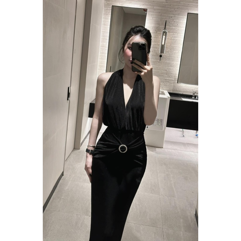 Đầm maxi yếm đắp chéo kèm tag eo