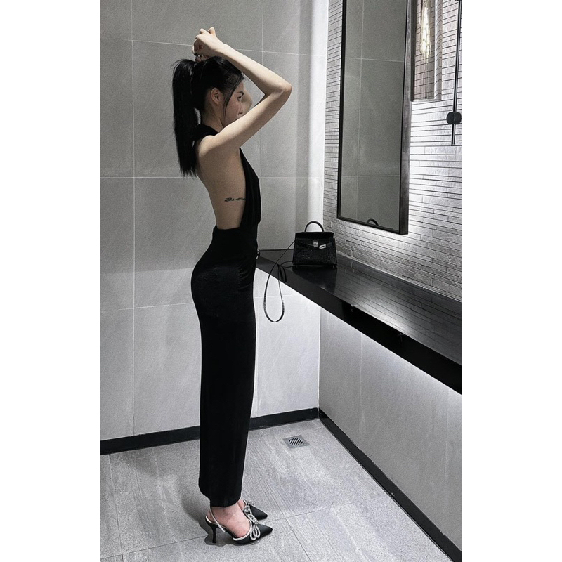 Đầm maxi yếm đắp chéo kèm tag eo