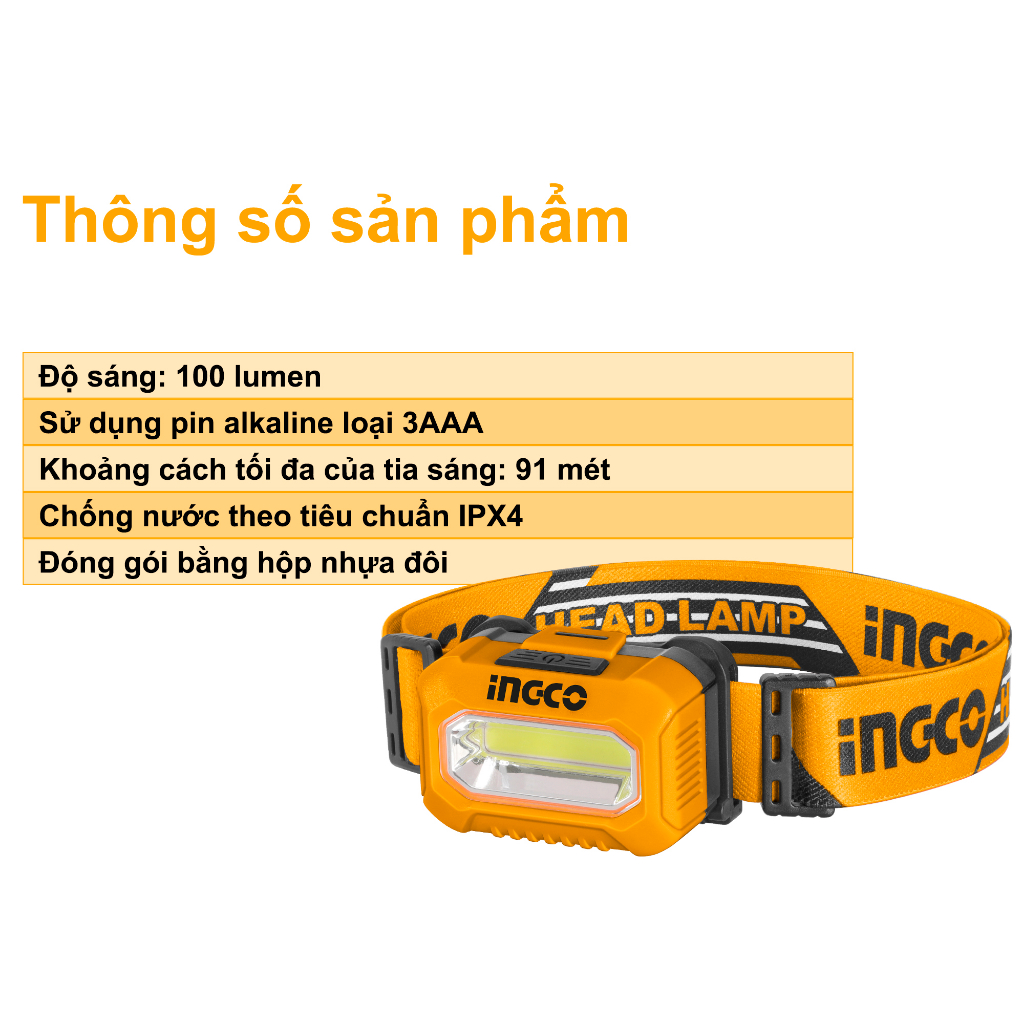 Đèn pin đội đầu dùng pin tiểu AAA 1.5V INGCO HHL013AAA5 độ sáng 100 lumen | HHL013AAA8 Tối đa 200 lumen Thấp 100 lumen