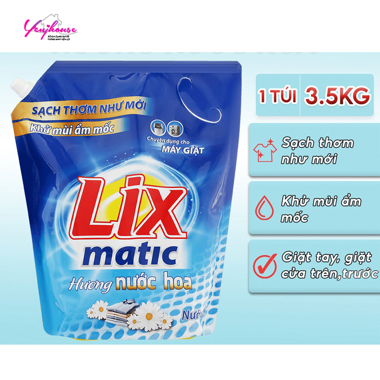 Nước giặt LIX MATIC 3.5kg cao cấp HƯƠNG NƯỚC HOA sạch thơm như mới khử mùi ẩm mốc