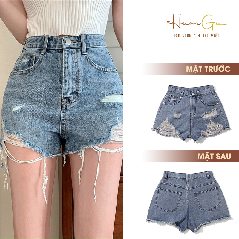 Quần đùi jean nữ thương hiệu HuonGu rách phối lưới thời trang cao cấp