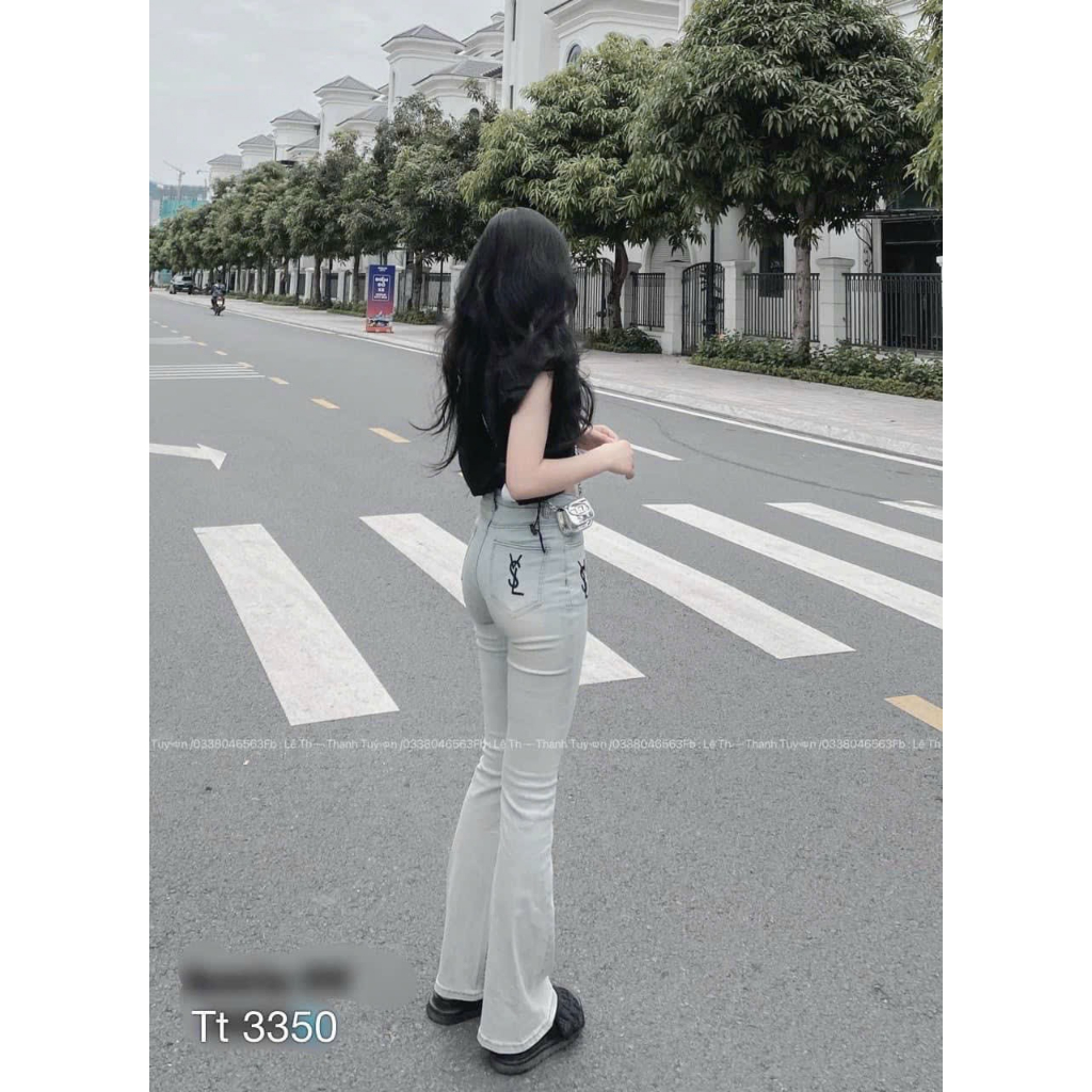 Quần jean nữ ống loe quần bò co giãn ysl lưng cao thêu logo  hách dáng cực đẹp hot trend 2023 Domi Jean