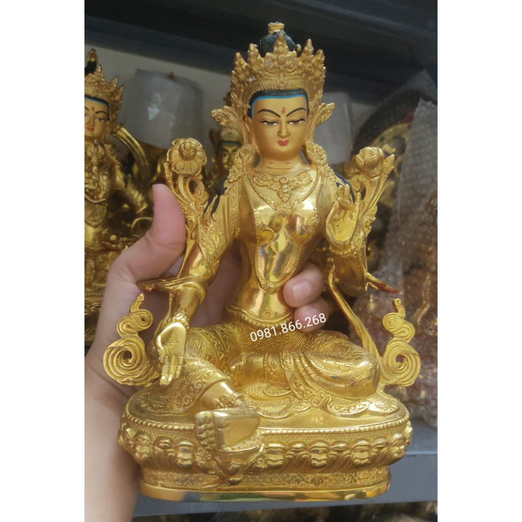 Tượng Phật Tara Xanh Mật Tông Đồng Mạ Vàng 21cm