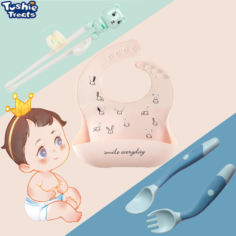 Tushie Treats bộ 3 món nhỏ tập ăn đũa Thìa dĩa tập xúc cho bé tay cầm có thể uốn cong Yếm silicon hình siêu kute