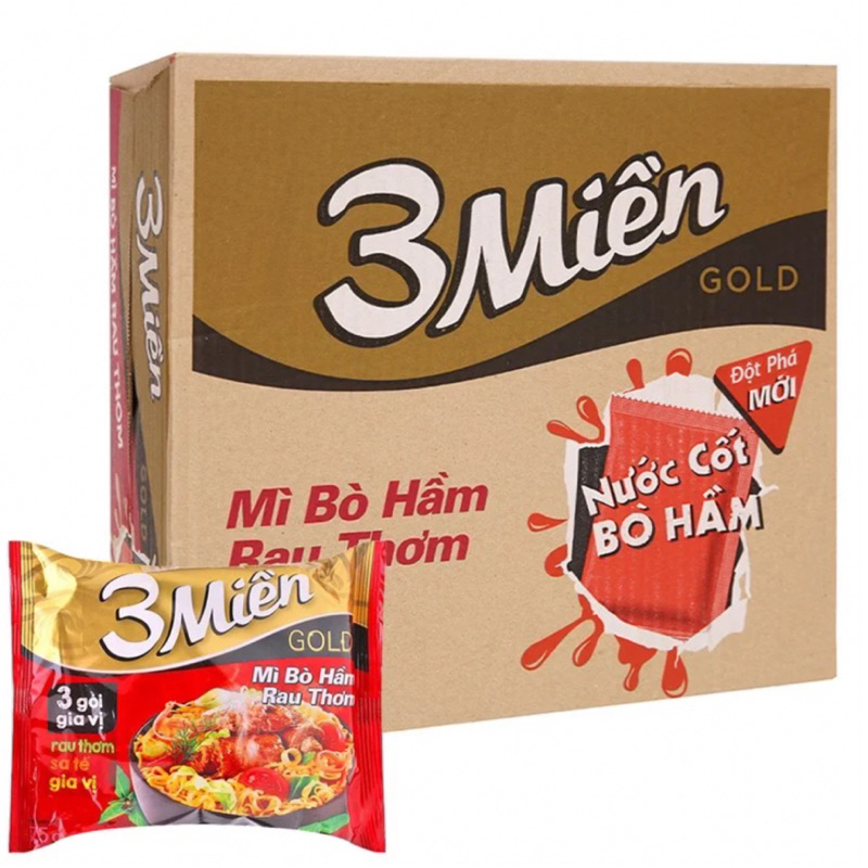 THÙNG 30 GÓI MÌ 3 MIỀN GOLD BÒ HẦM RAU THƠM - TÔM CHUA CAY 75G