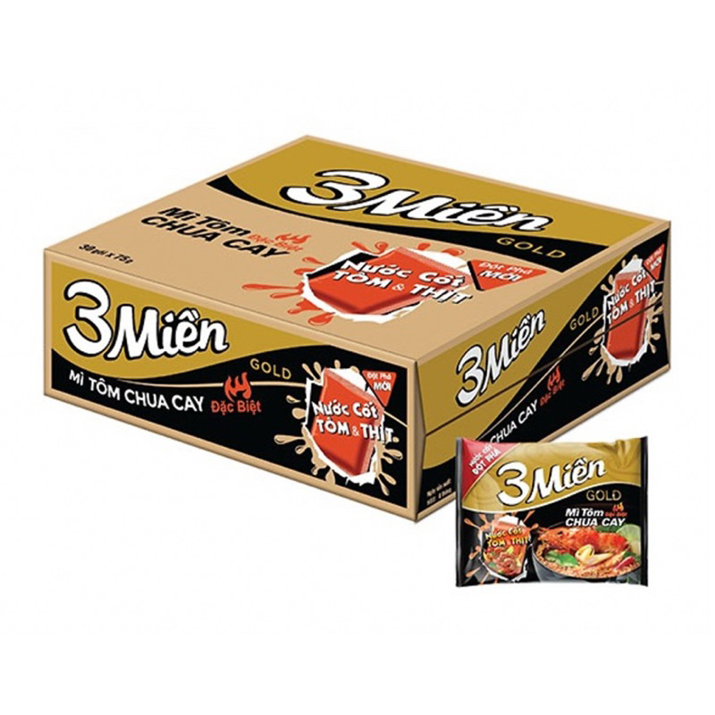 THÙNG 30 GÓI MÌ 3 MIỀN GOLD BÒ HẦM RAU THƠM - TÔM CHUA CAY 75G