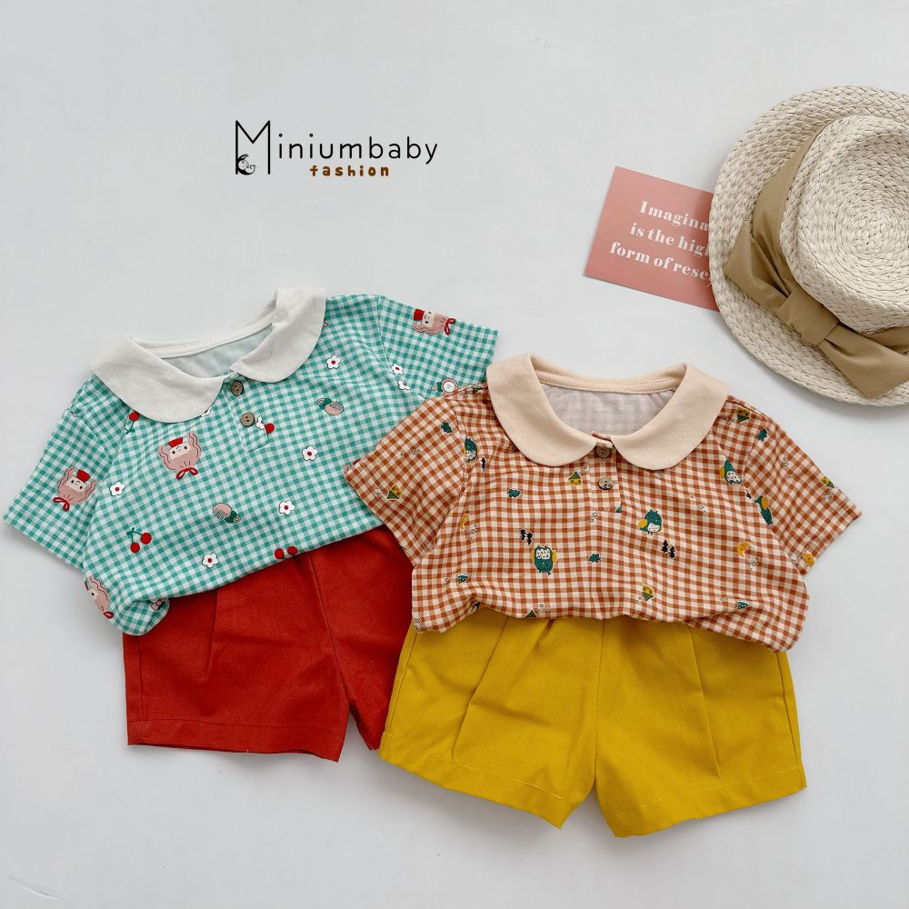 Áo sơ mi cộc tay in họa tiết đáng yêu điệu đà cho bé chất liệu 100% cotton, quần áo trẻ em miniumbabyfashion A1683