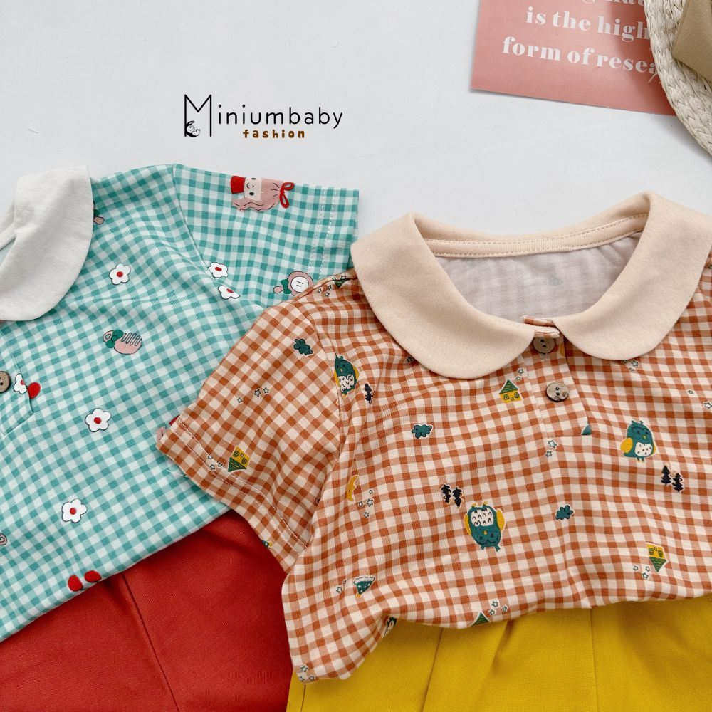 Áo sơ mi cộc tay in họa tiết đáng yêu điệu đà cho bé chất liệu 100% cotton, quần áo trẻ em miniumbabyfashion A1683