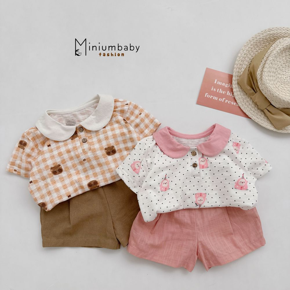 Áo sơ mi cộc tay in họa tiết đáng yêu điệu đà cho bé chất liệu 100% cotton, quần áo trẻ em miniumbabyfashion A1683