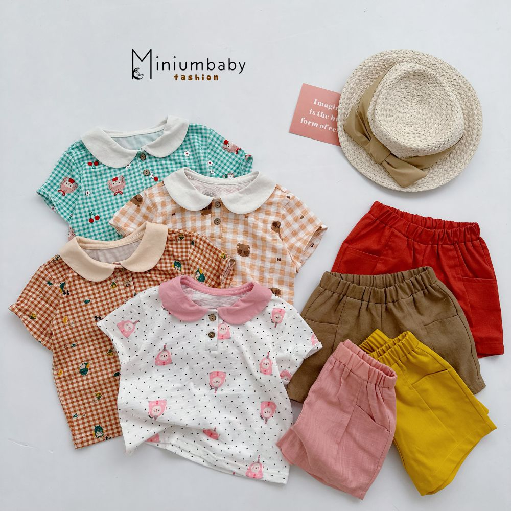 Áo sơ mi cộc tay in họa tiết đáng yêu điệu đà cho bé chất liệu 100% cotton, quần áo trẻ em miniumbabyfashion A1683