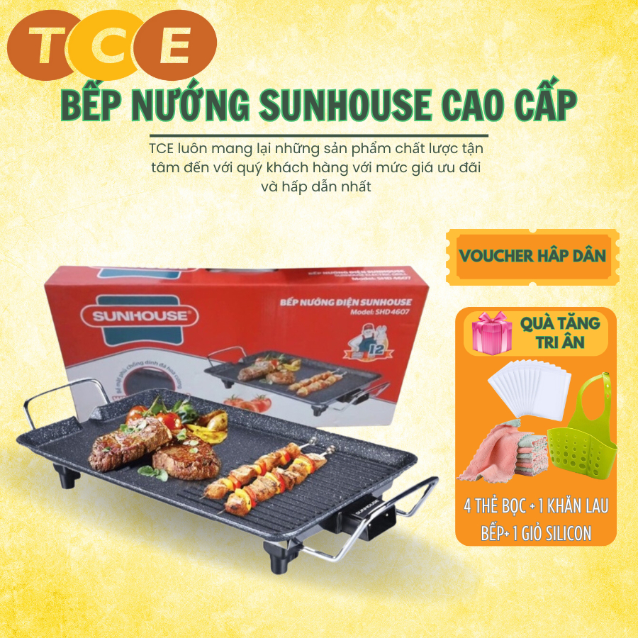 Bếp nướng điện không khói Sunhouse SHD4607 công suất 1500w 6 mức nhiệt, mặt tráng men chống dính, bảo hành 12 tháng