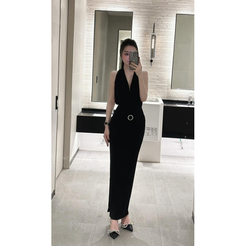 Đầm maxi yếm đắp chéo kèm tag eo