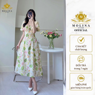 Đầm xòe hoa  cổ vuông có dây rút nơ Thiết Kế Molina Dáng xòe Họa Tiết Hoa Lys Chất voan cao cấp Mềm Mại