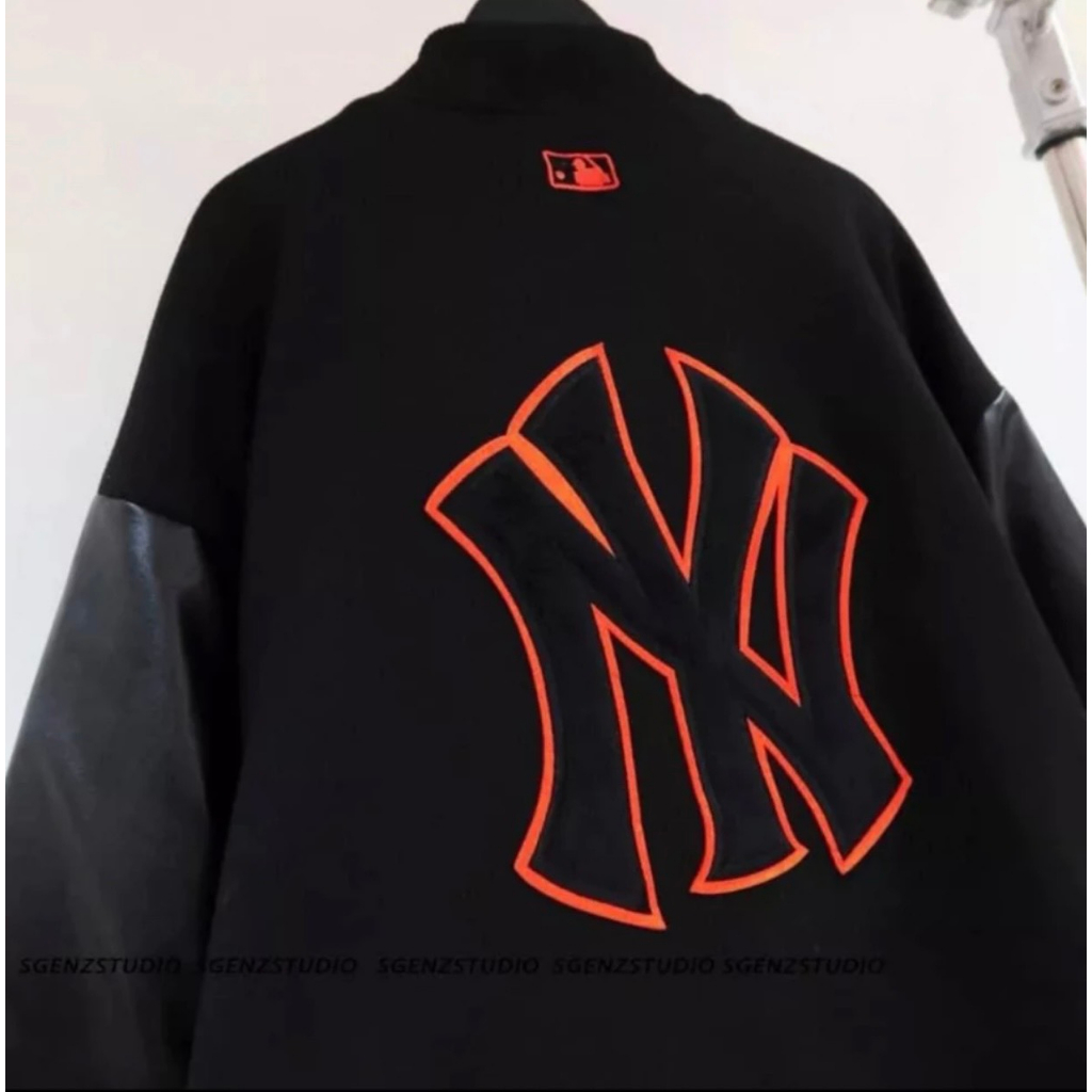 Áo Khoác Bomber Varsity M.L.B Ny Thêu Logo Cam Form Rộng Phối Tay Da Cực Đẹp From Dáng HotFrend Nam Nữ