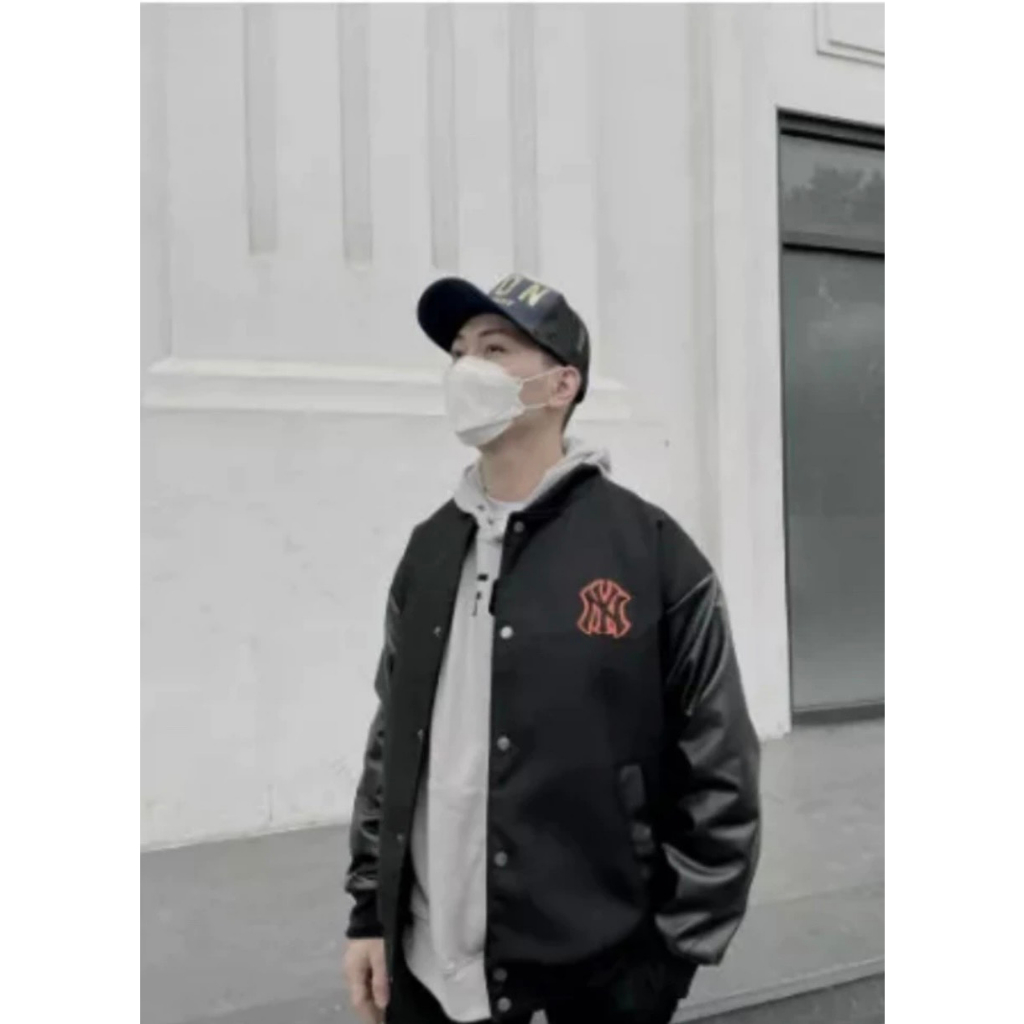 Áo Khoác Bomber Varsity M.L.B Ny Thêu Logo Cam Form Rộng Phối Tay Da Cực Đẹp From Dáng HotFrend Nam Nữ