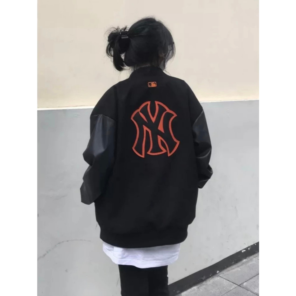 Áo Khoác Bomber Varsity M.L.B Ny Thêu Logo Cam Form Rộng Phối Tay Da Cực Đẹp From Dáng HotFrend Nam Nữ