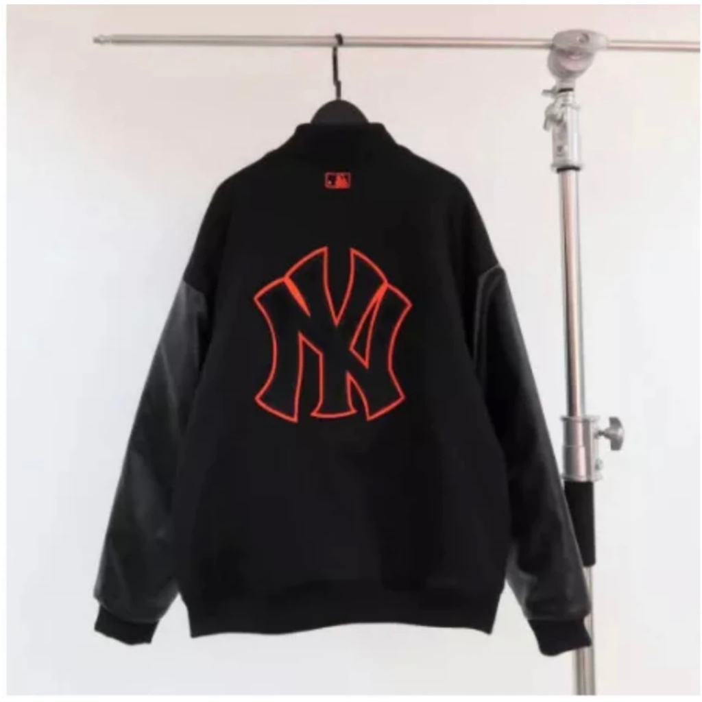 Áo Khoác Bomber Varsity M.L.B Ny Thêu Logo Cam Form Rộng Phối Tay Da Cực Đẹp From Dáng HotFrend Nam Nữ