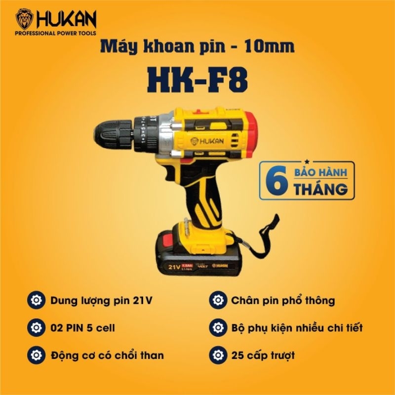 [CHÍNH HÃNG] Máy khoan pin Hukan F8, 21V 3 chức năng, 10mm, Tặng kèm vali phụ kiện