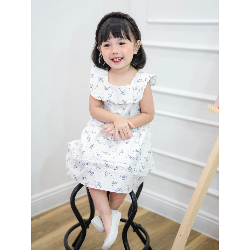 Váy Bé Gái Thiết Kế Cổ Vuông Nhún Bèo Họa Tiết Xinh Xắn Cho Bé Từ 1 Đến 6 Tuổi - Montren Dress - SAOLA CLOTHING - DRC046