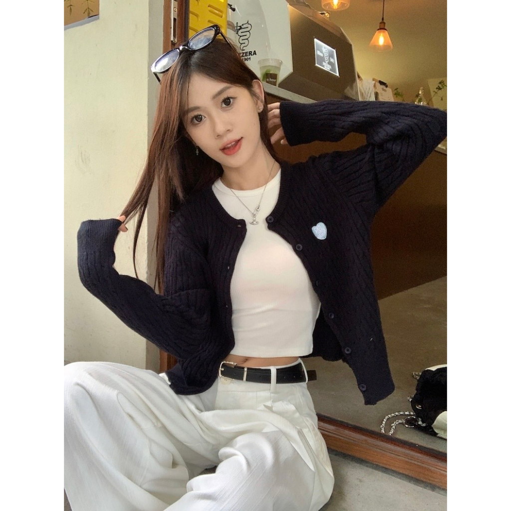 Áo Len Cardigan Dệt Kim Tay Dài Cổ Tròn Cài Nút Nữ Phong Cách Thời Trang Hàn Quốc