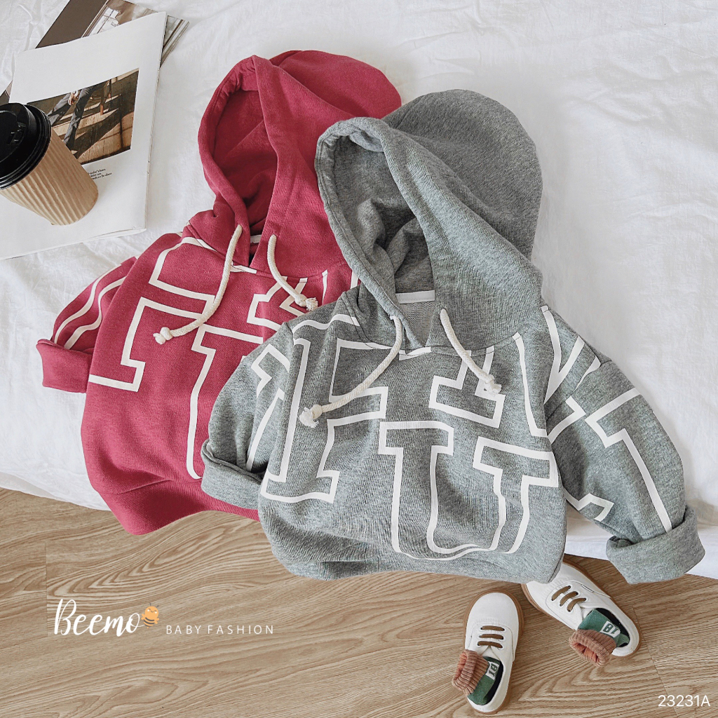 Áo Hoodie in chữ cho bé Beemo,Chất liệu nỉ da cá dày dặn, đứng form, siêu ấm,thiết kế có mũ B368