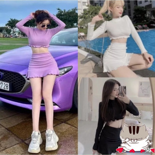 Sét bộ nữ 2 món áo croptop tay dài + chân váy đuôi cá có quần trong)
