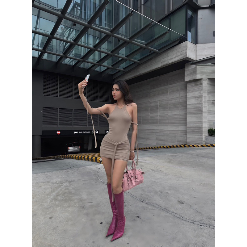 ONONMADE Váy Đầm Thun Ngắn Ôm Body Phối Dây Label Mini Dress