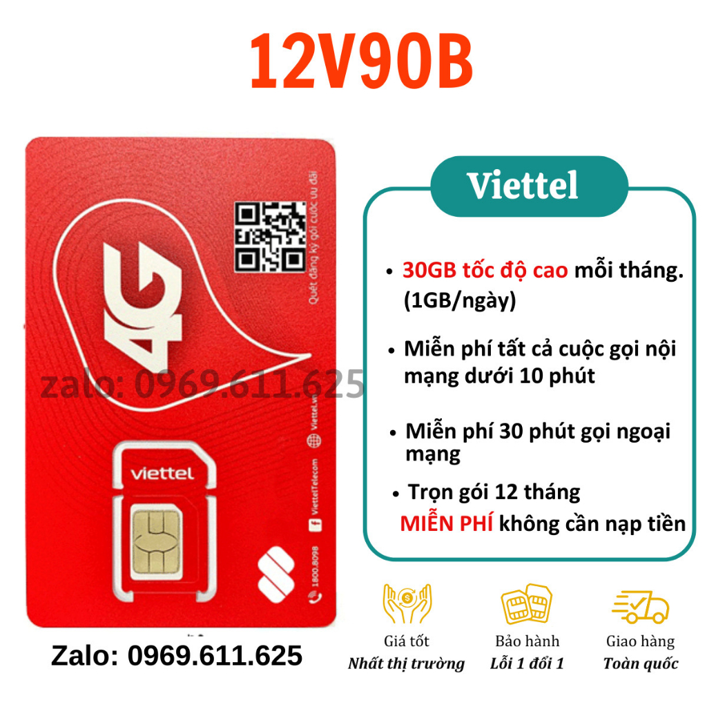 (THÁNH RẺ) Sim 4G Viettel 12V90B Trọn Gói 1 Năm (30 GB/THÁNG) Không Nạp Tiền Không Mất Phí Gia Hạn Nghe Gọi Free