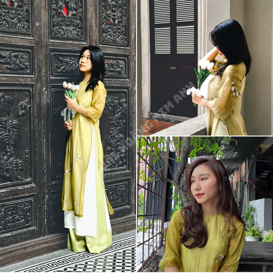 Áo dài cách tân dáng suông 4 tà thêu hoa nhí trắng cổ tròn truyền thống may sẵn màu Xanh mặc cưới, tết, sự kiện Cát Chu