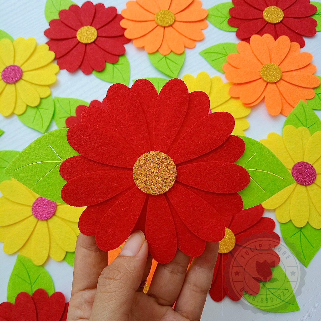 Set 9 Hoa Vải Nỉ 9cm  Nhụy Kim Tuyến - Hình Thật - Hoa Múa, Trang trí Mầm Non