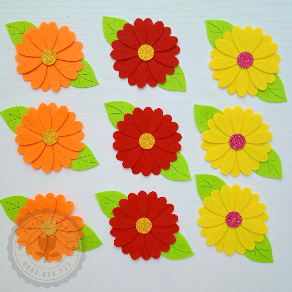 Set 9 Hoa Vải Nỉ 9cm  Nhụy Kim Tuyến - Hình Thật - Hoa Múa, Trang trí Mầm Non
