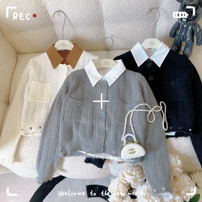 Áo len túi ngực rách gấu đóng cúc không kèm sơ mi Ulzzang style🌸 Hàng Quảng Châu