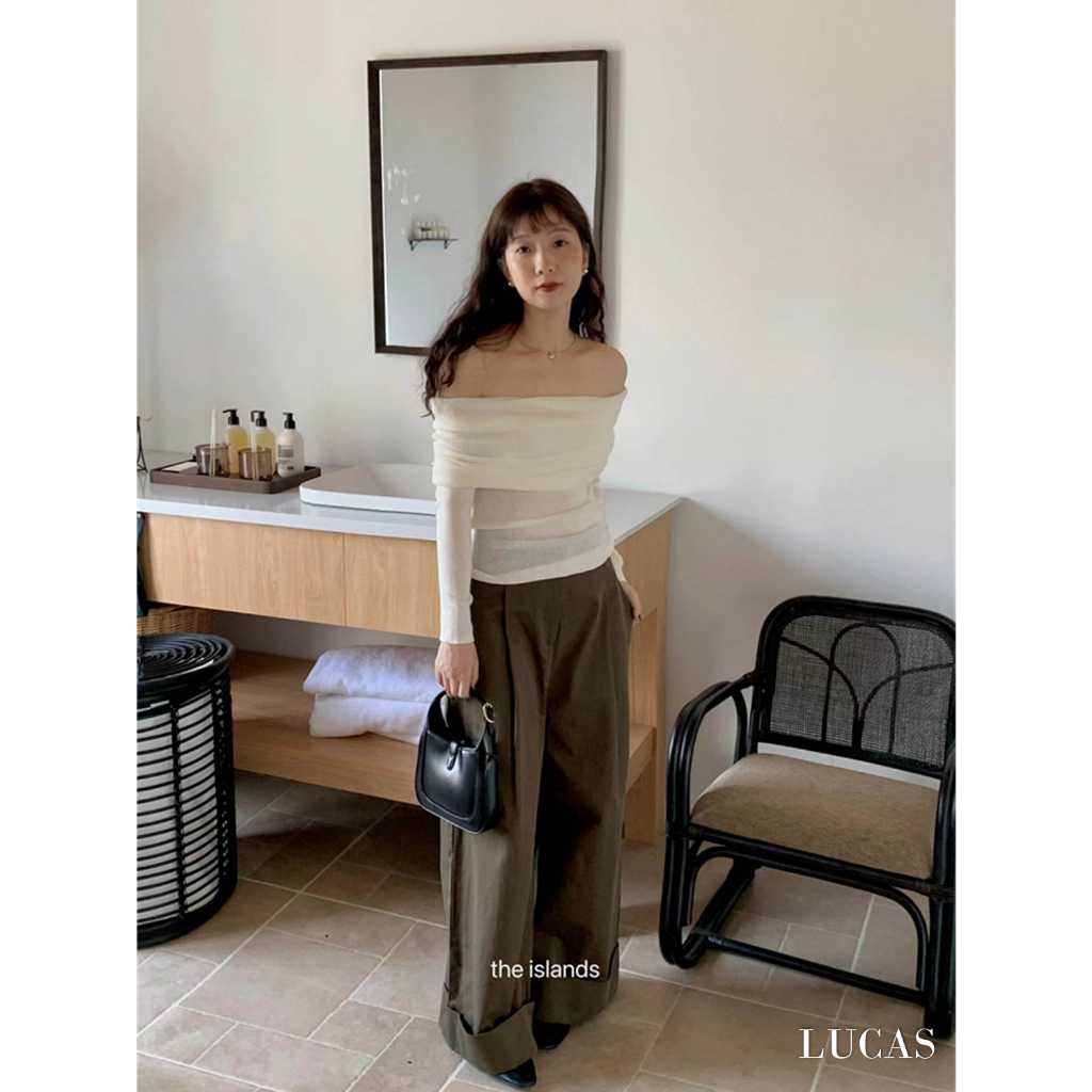 Áo len tăm nhỏ trễ vai vạt ngang tay dài dáng basic