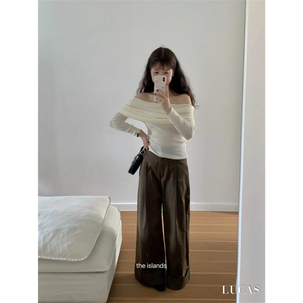 Áo len tăm nhỏ trễ vai vạt ngang tay dài dáng basic