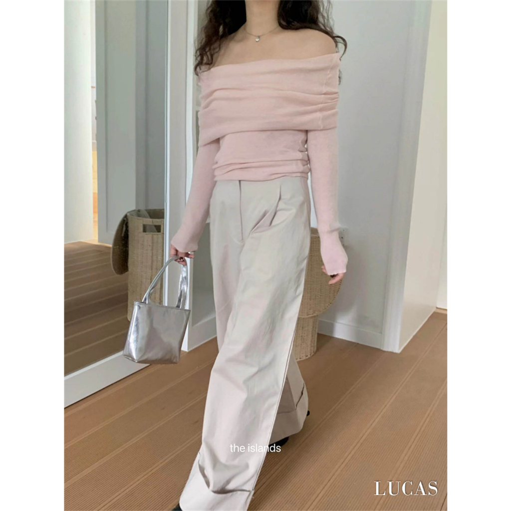 Áo len tăm nhỏ trễ vai vạt ngang tay dài dáng basic