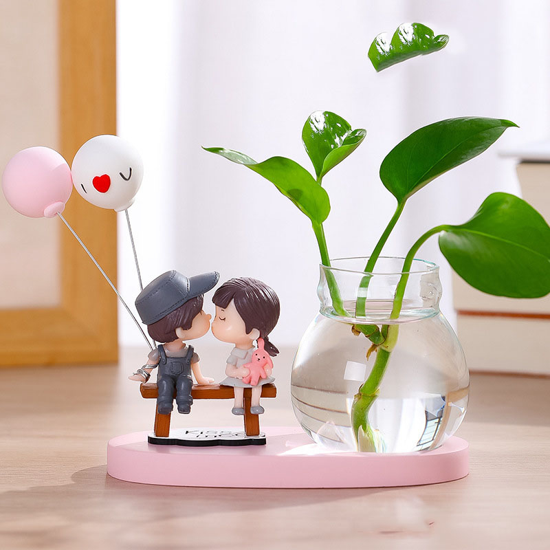 Bình thủy sinh kèm tượng cặp đôi tình yêu Ráp dễ thương trang trí bàn làm việc, phòng khách, quà tặng bạn bè